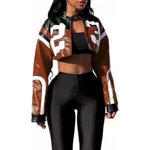 Womens Brown VOIKERDR Faux Leather Cropped Motorcycle Bomber Y2K Street Jacket